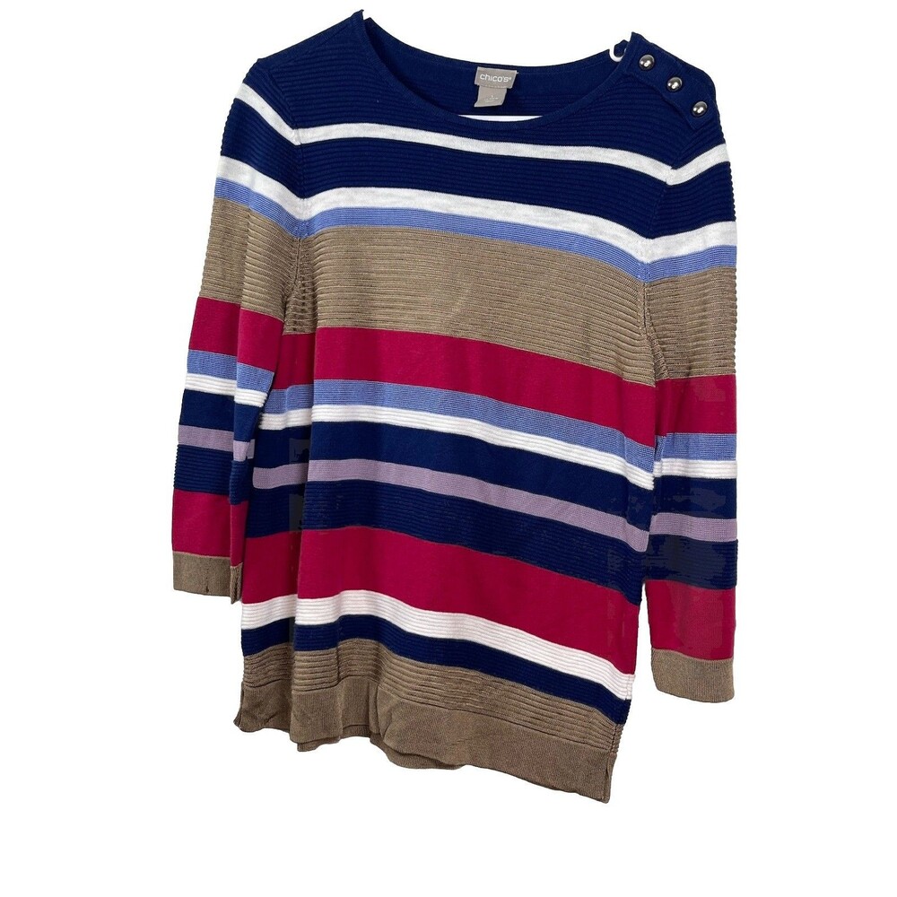 Chicos Knit Tailored Striped Button l blouse  1 Top M 6 8